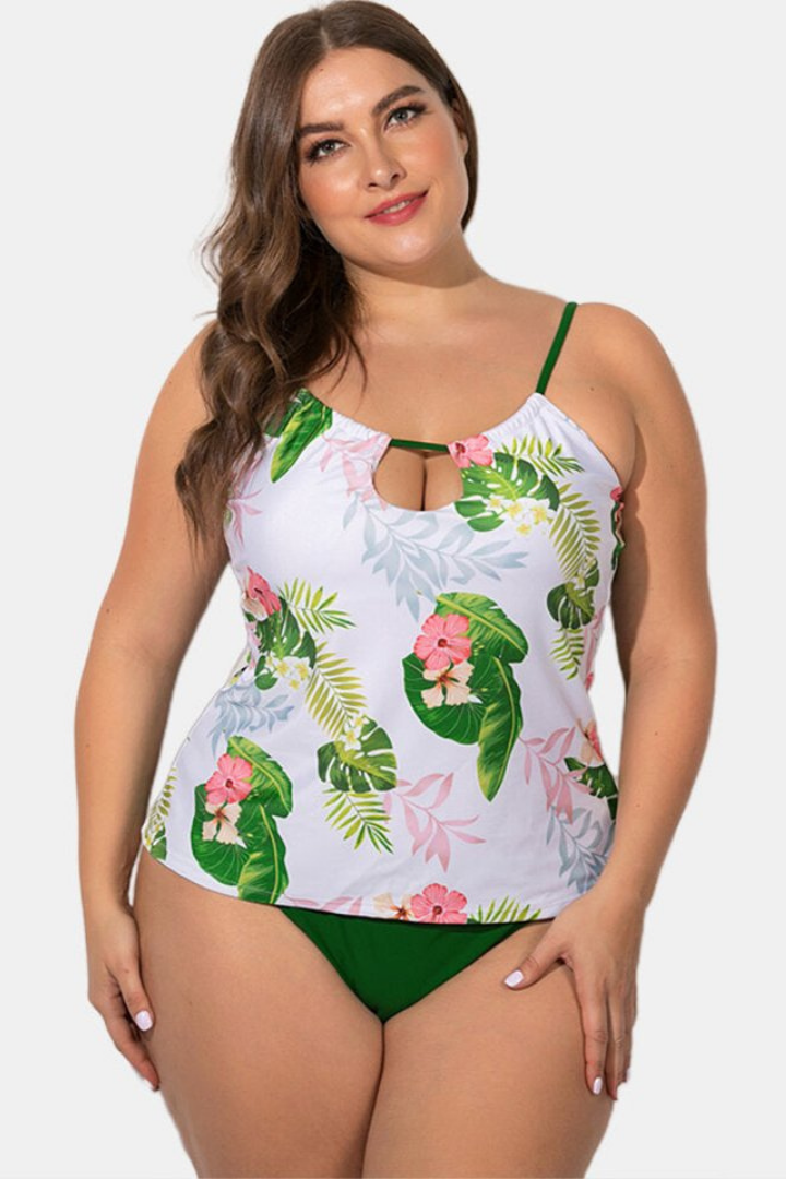 Plus Size Tankinis Tropical Print Cover Belly Swimsuits