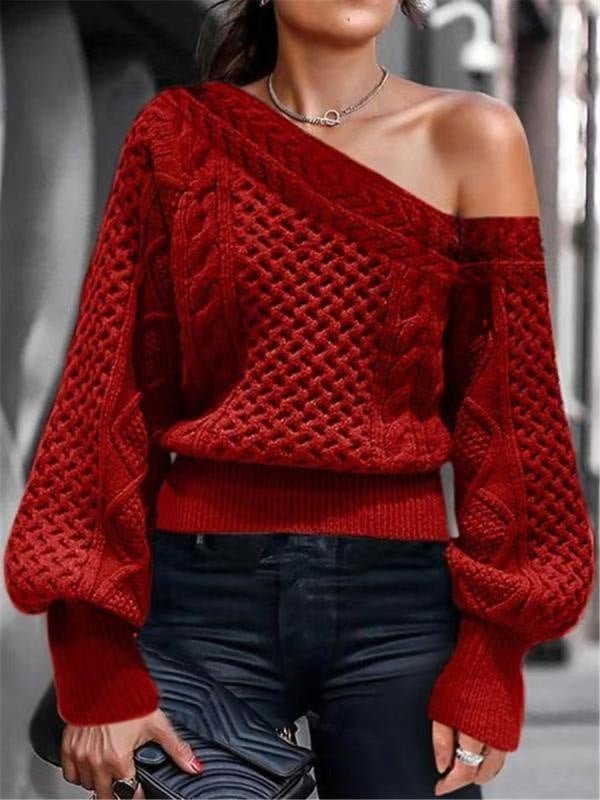 Pullover Inclined Shoulder New O-neck One-shoulder Knitted Sweater-Corachic