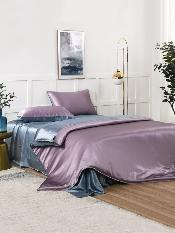 19 MOMME Parure de lit en soie classique violet et gris  (Ensemble 4 pièces) 1