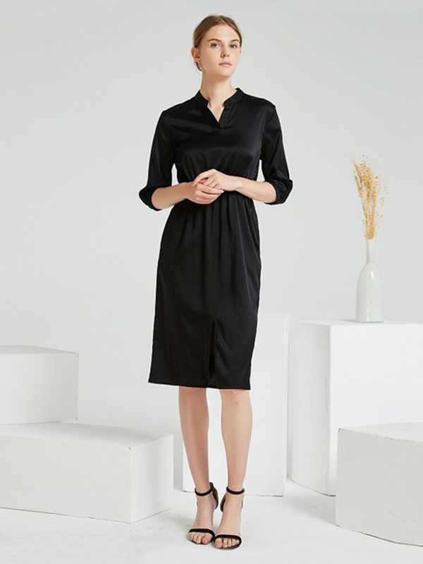 High Quality Black Elegant Long Sleeve Silk Shirt Dress
