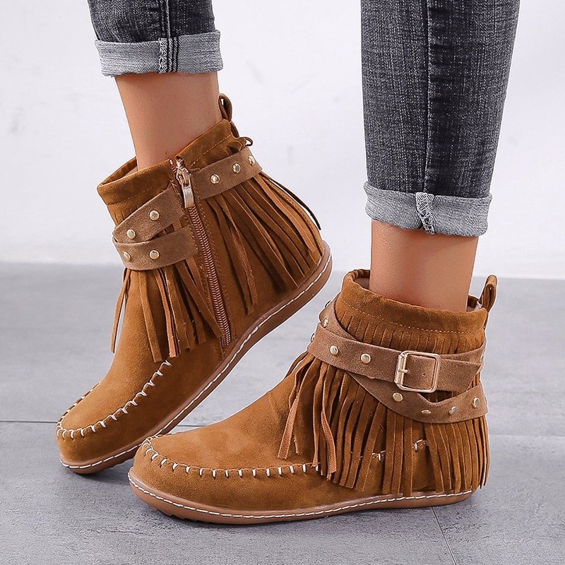 Women's side zipper round head suede fringed boots - vzzhome