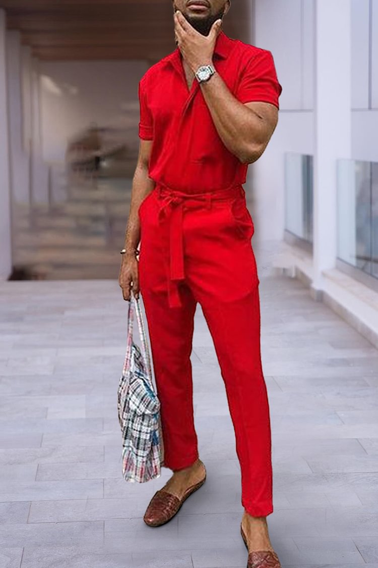 BrosWear Fashion Red Short Sleeve Shirt And Pants Two Piece Set