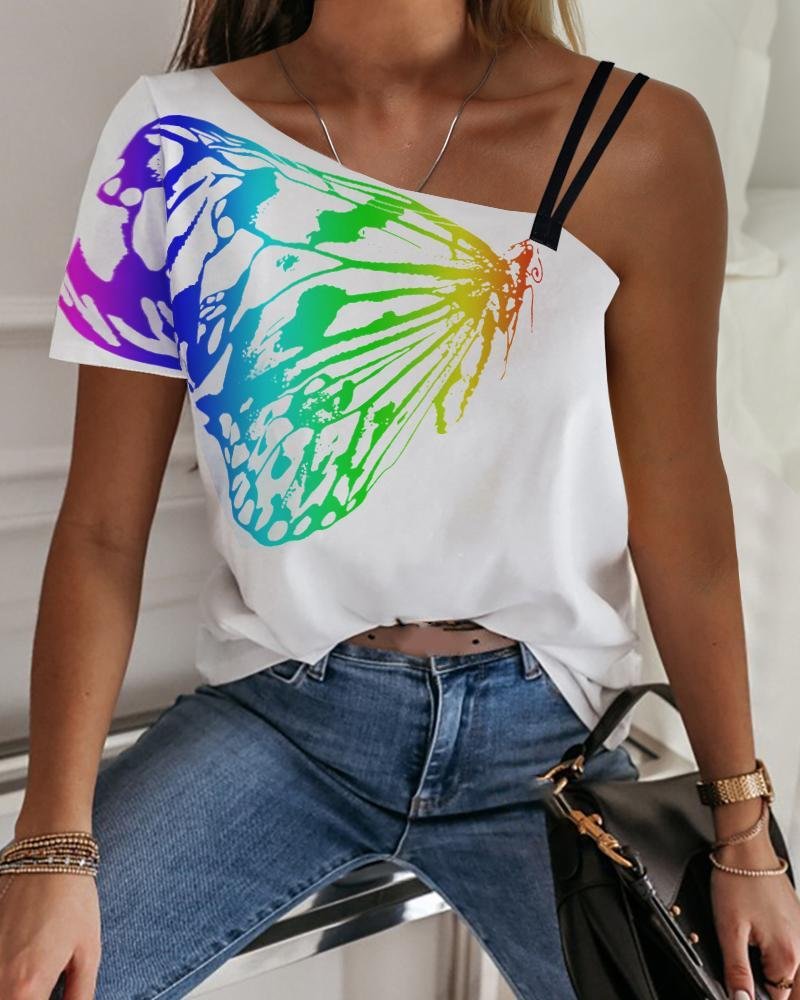One Shoulder Butterfly Print Casual T-shirt P13715