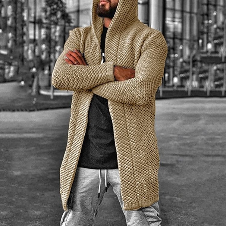 BrosWear Men's Solid Color Ripped Holes Hooded Sweater Cardigan Khaki