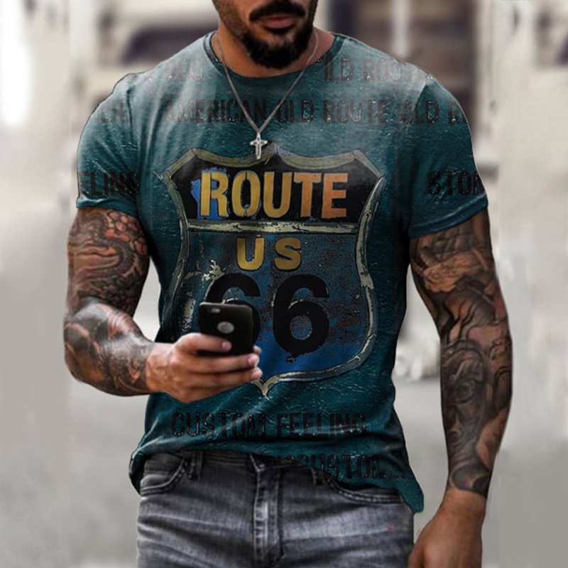 Route 66 Vintage Printed Short Sleeves Mens T-Shirts-VESSFUL
