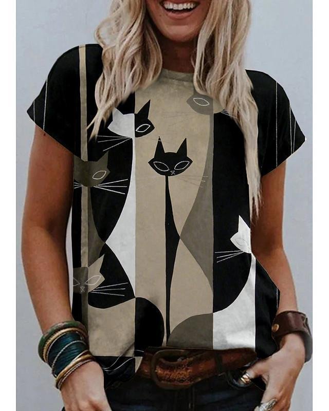 Women's T shirt Cat Graphic Print Round Neck Tops Basic Basic Top Black-Corachic