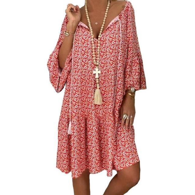 Summer Women Boho Floral Long Sleeve Dress Holiday Beach Shirt Dress Ladies Print Mini Dress Plus Size S-5XL-Corachic