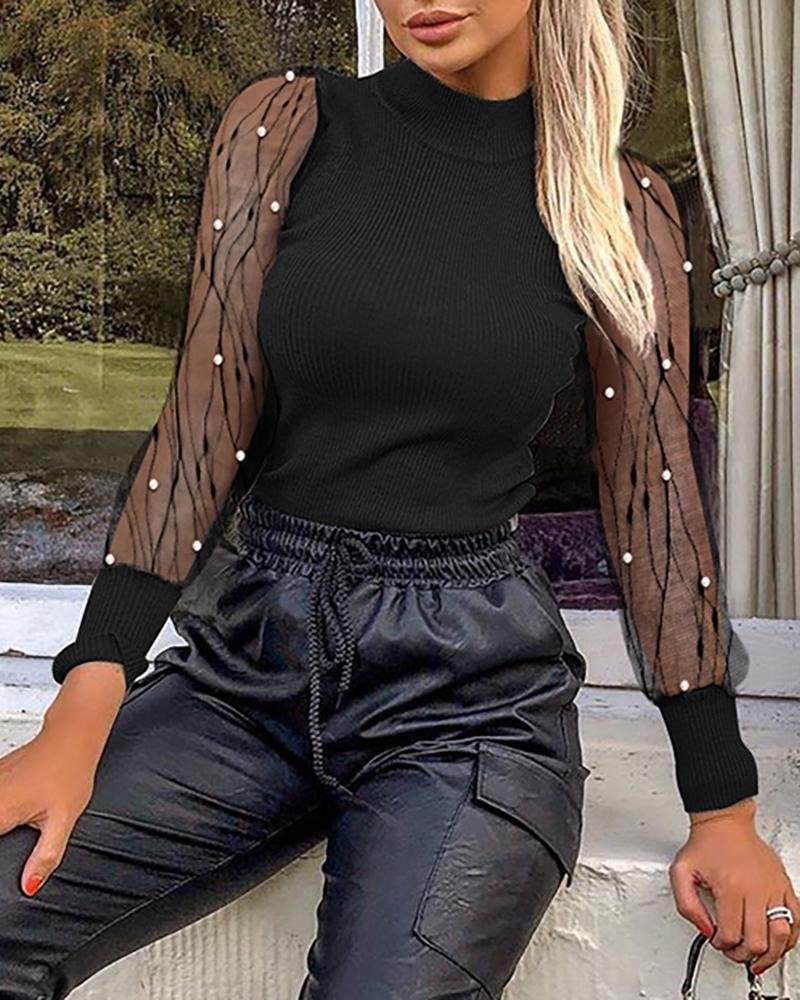 Solid Mesh Patchwork See Through Beaded Detail Blouse P15222