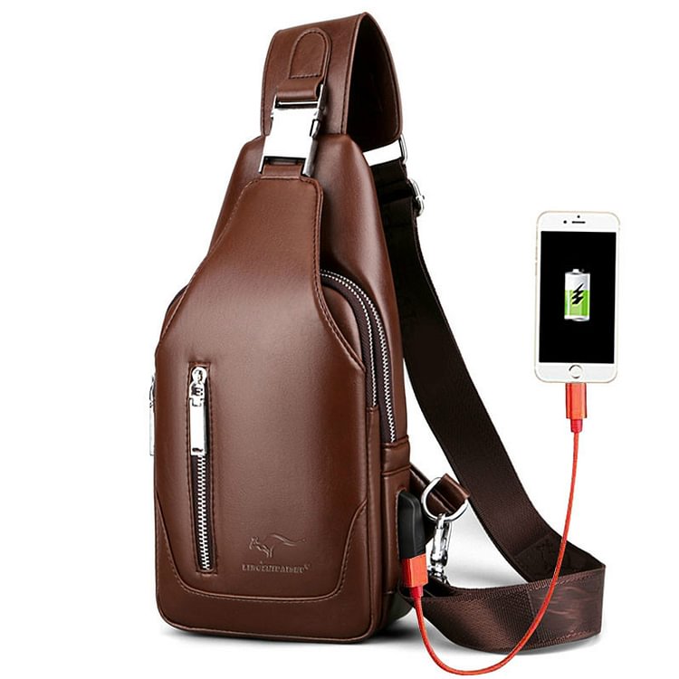 BrosWear Men's Multifunctional with Charging Port Double Zipper Crossbody Sling Chest Bag Brown