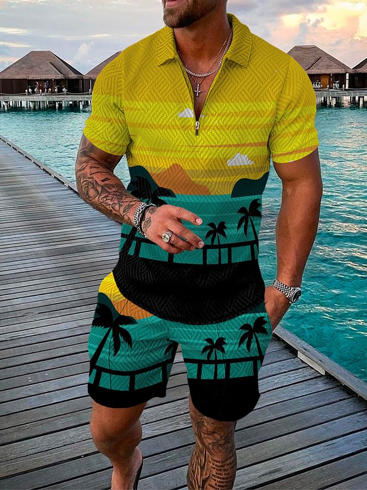 Men's Vacation Style Coconut Print Polo Suit