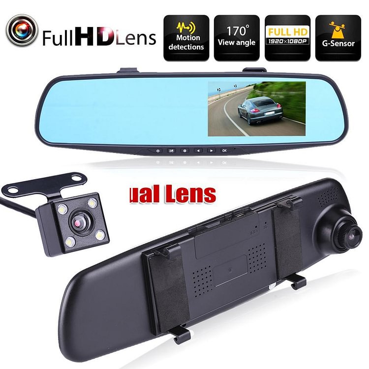 HD 1080P 4.3 inch Dual Lens Car DVR Rear View Mirror Dash Cam Video Camera