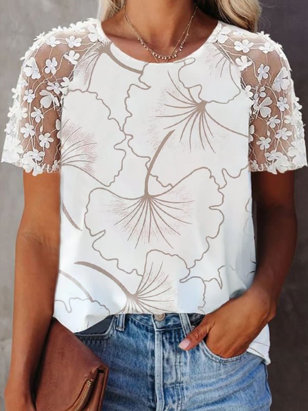 Flower Printed Crew Neck Lace Short Sleeve Top