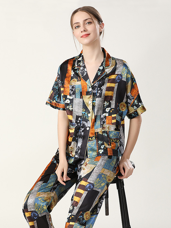 Artistic V Neck short sleeves Silk Pajamas Set 3pcs