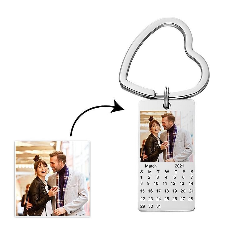 Personalized Engraved Photos And Calendar Keychain Heart Pendant
