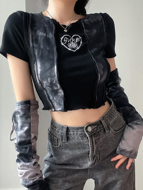 Dark Tie-dyed Ruffled Heart Printed Paneled Crew Collar Crop Top with Gloves