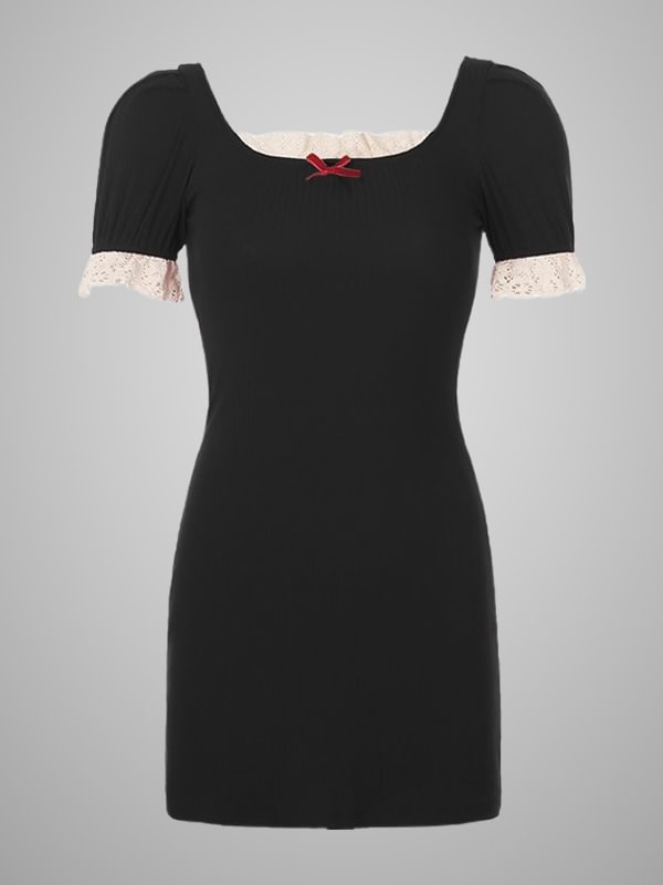 Sexy Lace Paneled Bow-knot Short Sleeve Square Collar Slim Bodycon Dress
