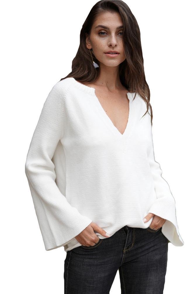 Mayoulove Casual Knitwear Long Sleeve Solid Color V Neck Pullover-Mayoulove