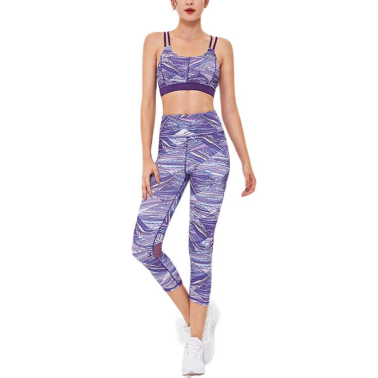 Mesh Stitching Yoga Suit Beautiful Back Sports Bra Women's European And American Printed Fitness Clothes Two-piece Set