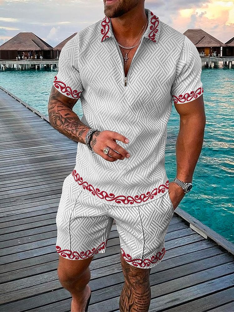 Men's Seaside Red Pattern Printed Polo Suit