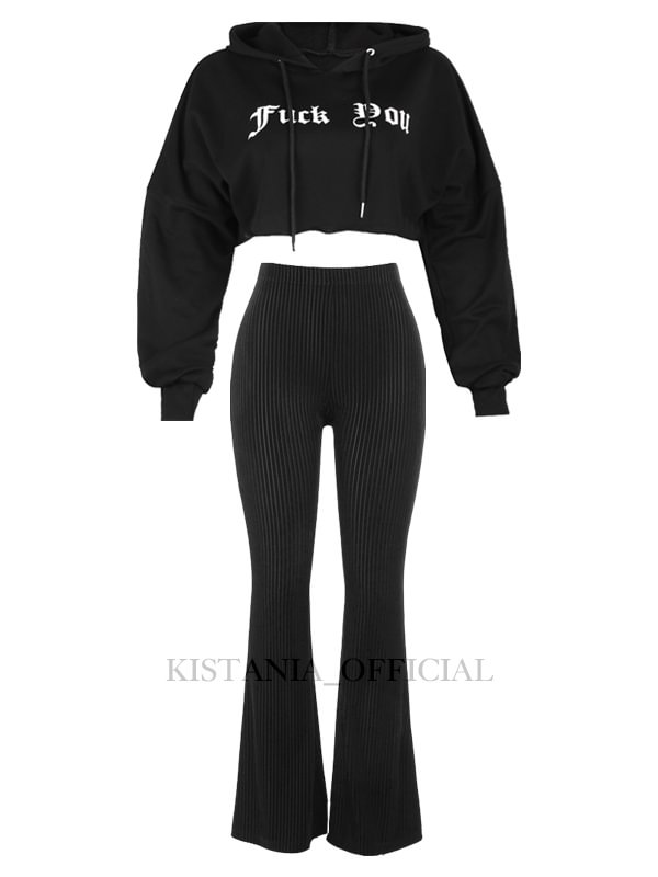 Crop Letter Graphic Oversized Drawstring Hoodie + Retro High Waist Drop Flared Pants 2 Pieces Sets