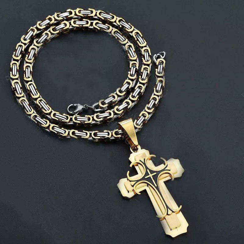 4MM Steel Punk Cross Pendant with Byzantine Chain Necklace for Men-VESSFUL
