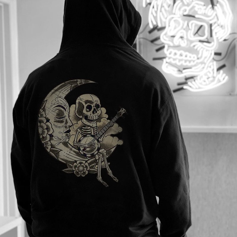 Moon and skull print loose hoodie designer - Cloeinc