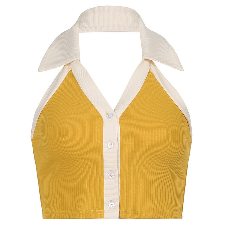 Patchy Button Up Backless V-neck Halter Collared Knitted Top - CODLINS - codlins.com