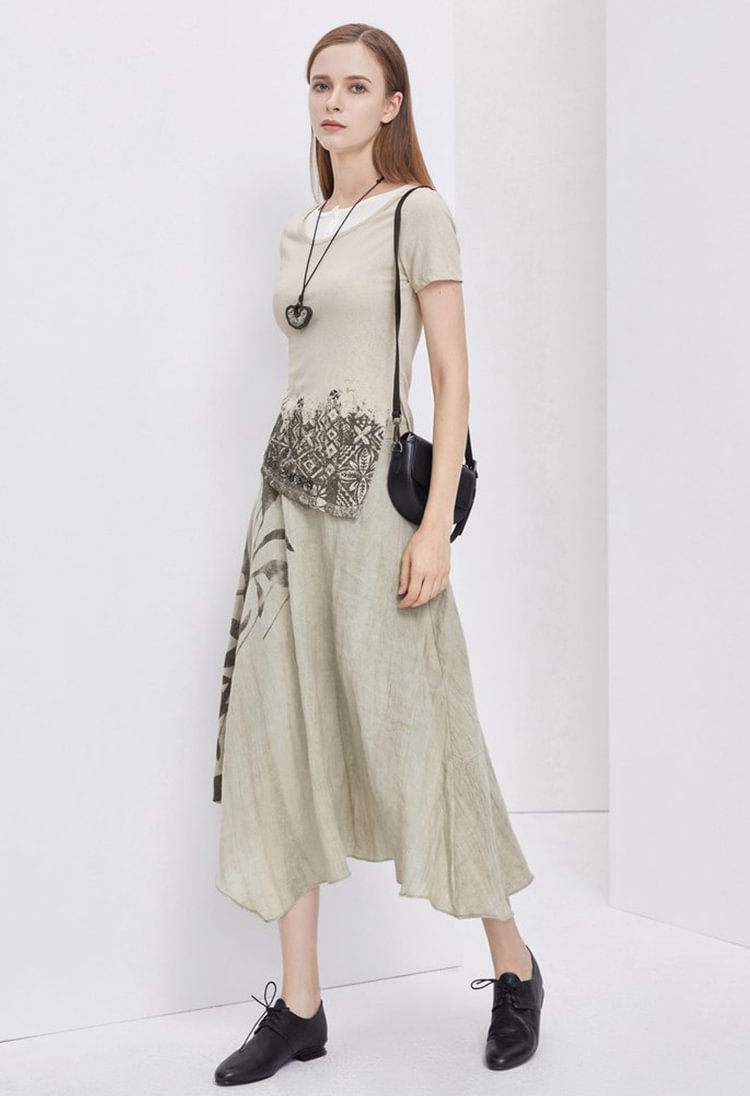 SDEER Contrast printing irregular casual long skirt and skirt