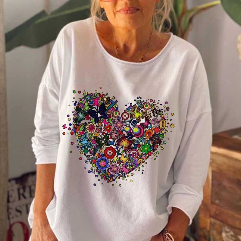 Colorful Heart Floral And Butterflies Printed Women Long Sleeve T-shirt