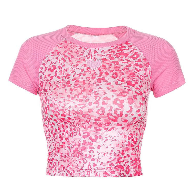 Heart Embroidery Stripe Sleeve Pink Leopard Crop Top - CODLINS - codlins.com