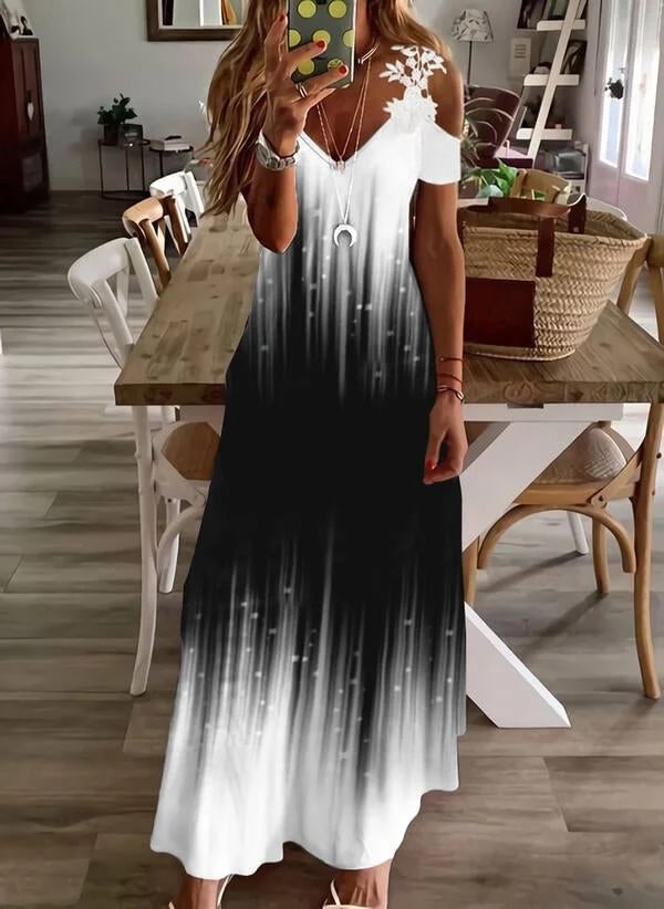 Black and White Gradient Lace Sling Sling V-Neck Ladies Sleeveless Dress