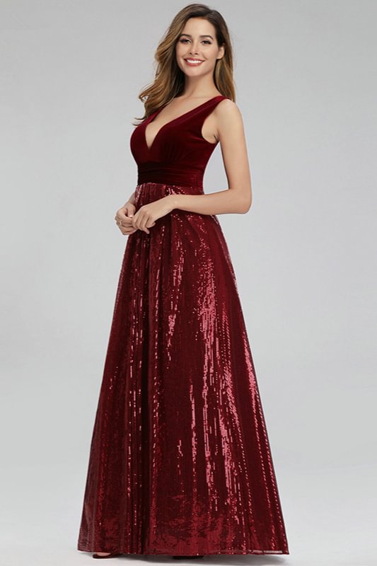 Burgundy Velvet Sequins Long Prom Dress