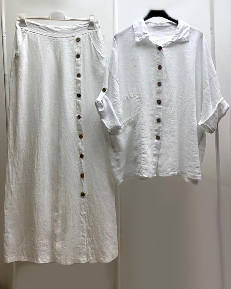 Women's Solid Color Cotton And Linen Casual Two-piece Shirt Set