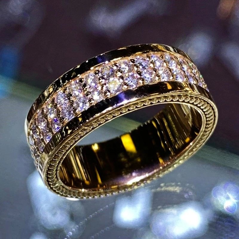 Iced Out 2 Row Zircon Gold Ring Unisex Bling Hip Hop Jewelry-VESSFUL