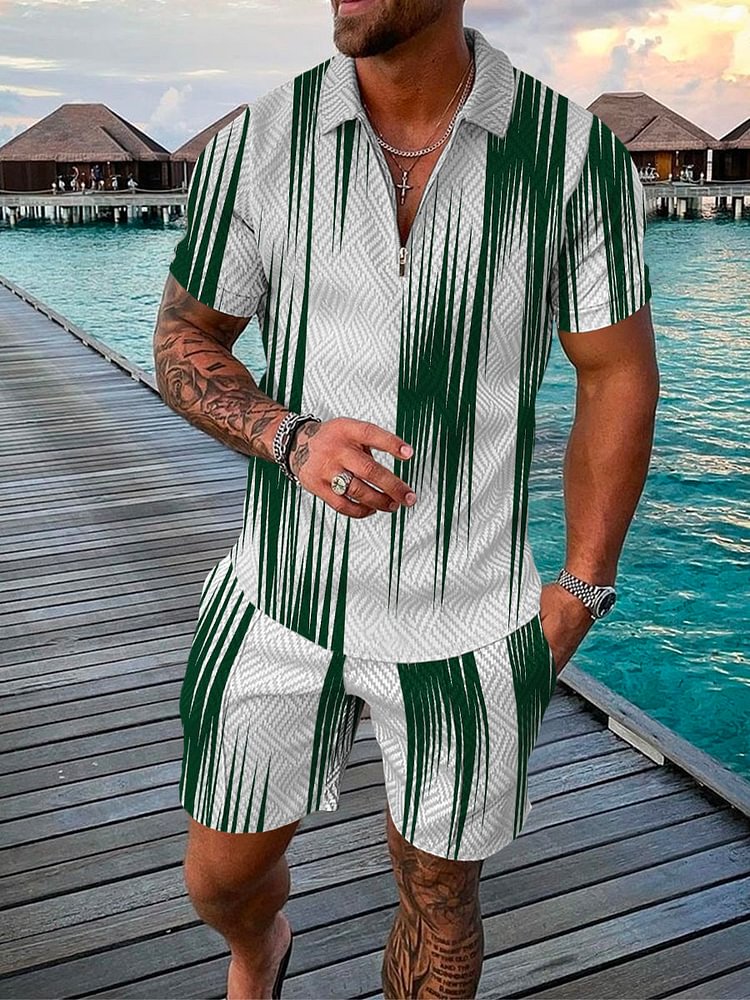 Men's Seaside Green Geometric Printed Polo Suit
