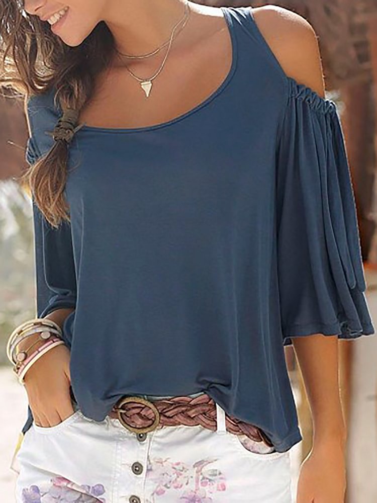 Solid Pleated Cold Shoulder Women Blouses