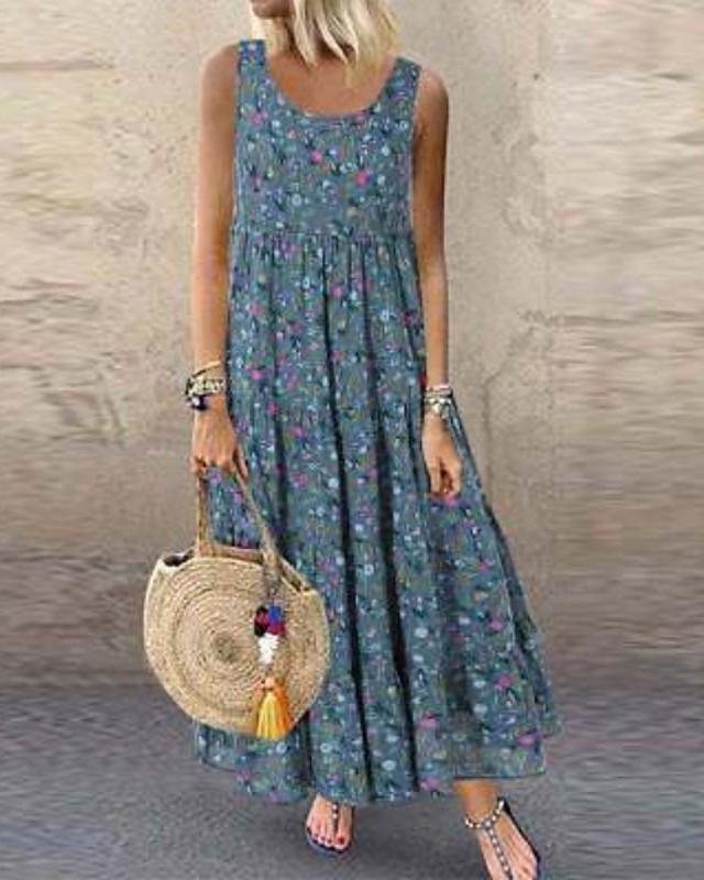 Women's Maxi long Dress - Sleeveless Print Hot Casual Loose Blue Yellow Orange Beige S M L XL XXL 3XL 4XL 5XL-Corachic