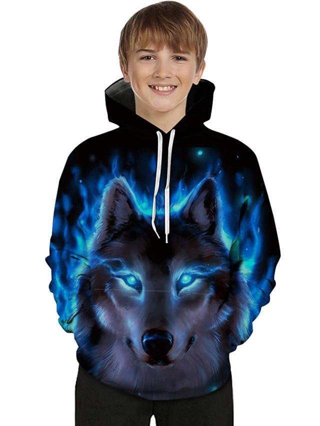 Kids Toddler Boys' Active Basic Wolf Color Block 3D Animal Print Long Sleeve Hoodie & Sweatshirt Blue-Corachic