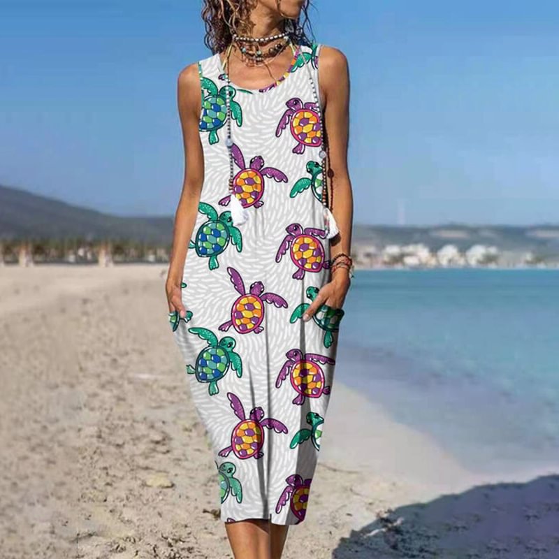 Colorful Cute Turtles Printed Casual Sleeveless Dress