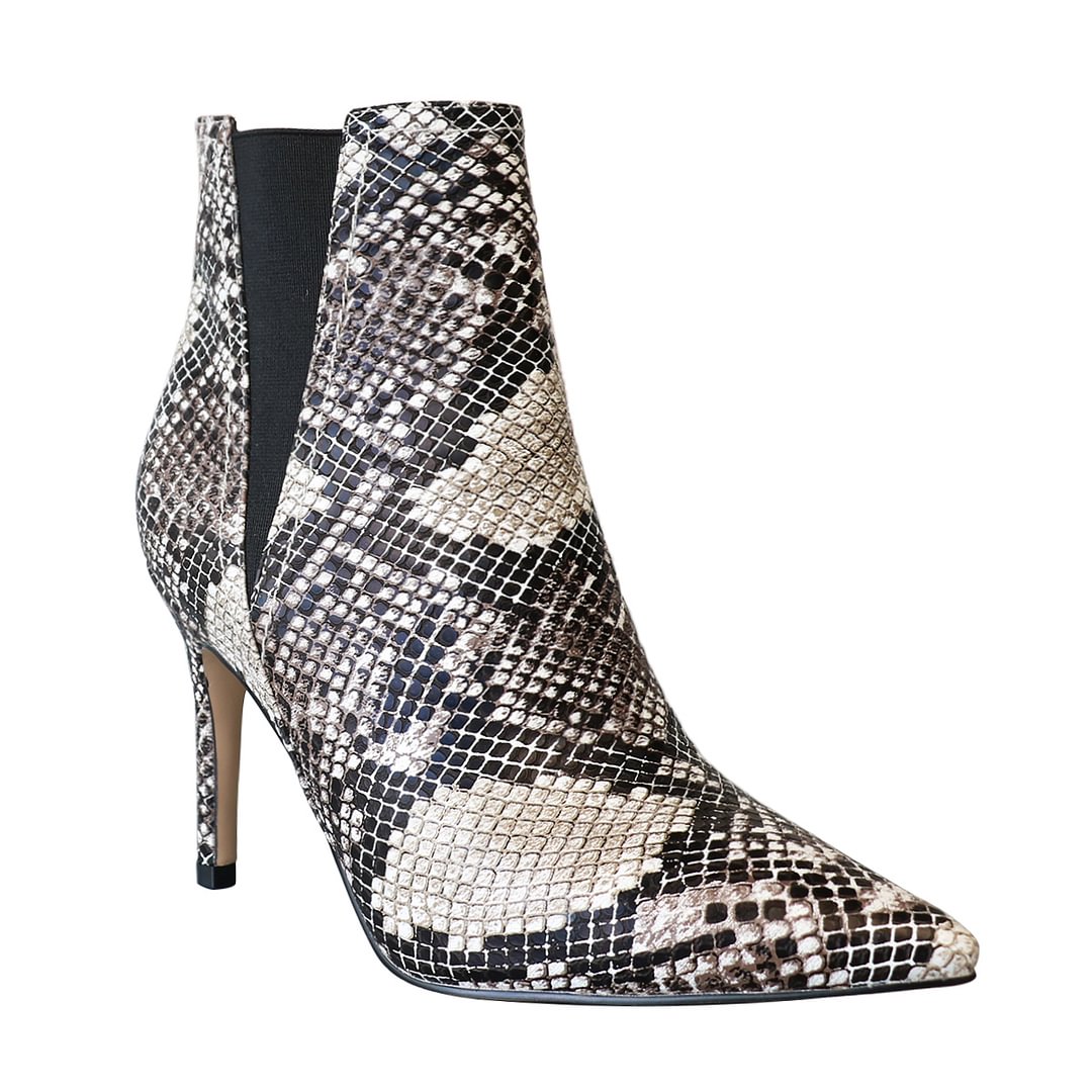 90mm Women Stiletto Middle Heel Pointed Toe Ankle Boots Snakeskin Matte-vocosishoes