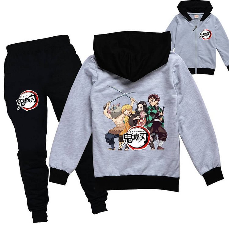 Demon Slayer Print Girls Boys Zip Up Hoodie And Joggers Hooded Suit-Mayoulove