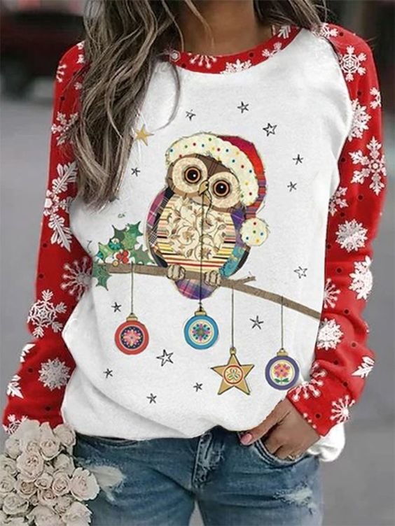 Happy Christmas Owl Printed Women's Sweatshirt