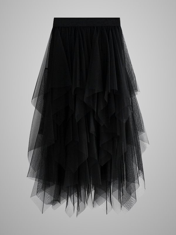 Gothic Dark Designed Tiered Irregular Mesh High Rise Long Skirt 