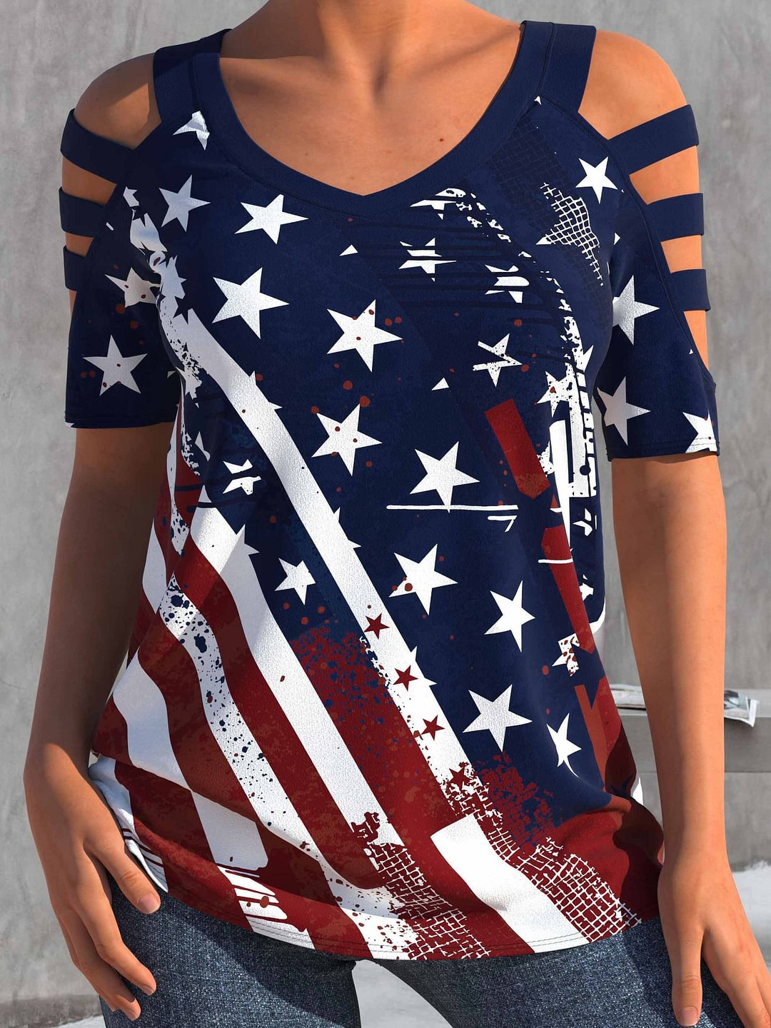 Flag Printing Cold Shoulders Casual T-Shirt