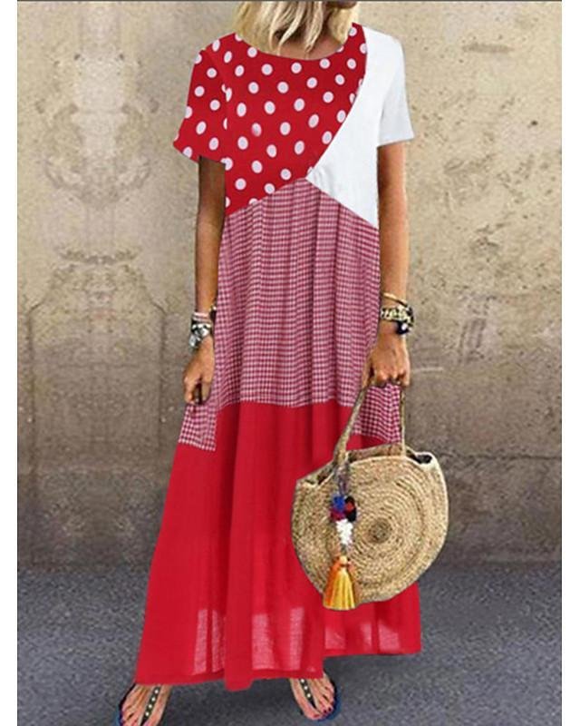 Women's Maxi long Dress Short Sleeve Polka Dot Print Summer Hot Casual Blue Red Yellow Red Combo S M L XL XXL 3XL-Corachic