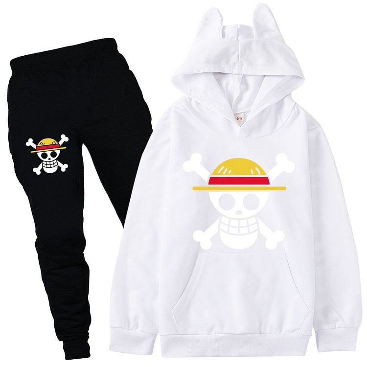 Mayoulove One Piece Skull Print Girls Boys Cotton Hoodie And Pants Set Tracksuit-Mayoulove