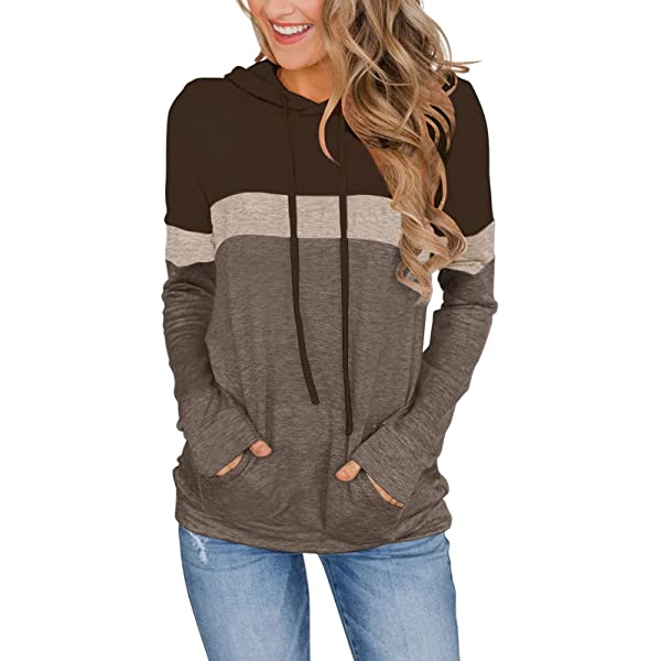 S-XXL PINKMSTYLE Women's Casual Color Block Hoodies Tops Long Sleeve Drawstring Pullover Sweatshirts with Pocket 