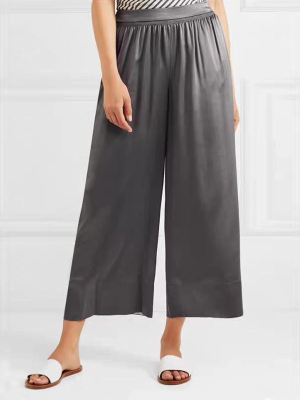 Women Elastic Waist Ankle-length Silk Pants With Pockets