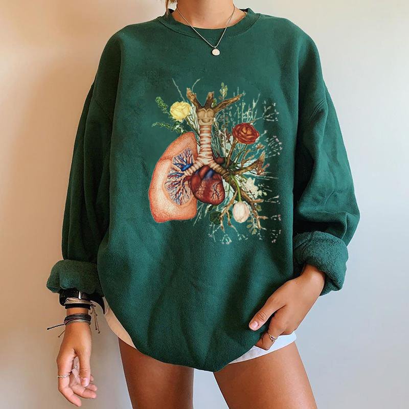   Fashion cardiopulmonary floral print green sweatshirt - Neojana