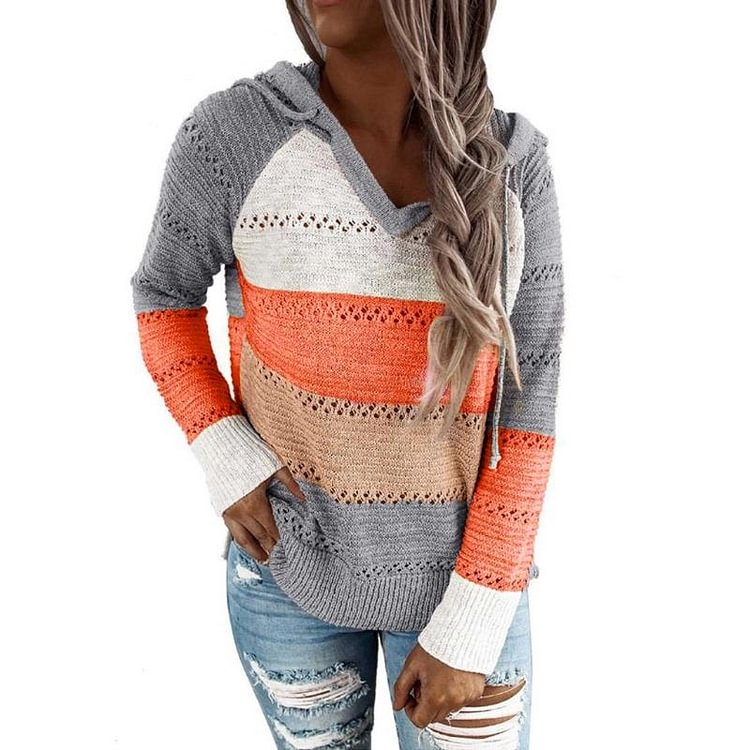 Hollow Out Knitted V Neck Drawstring Sweater-Mayoulove